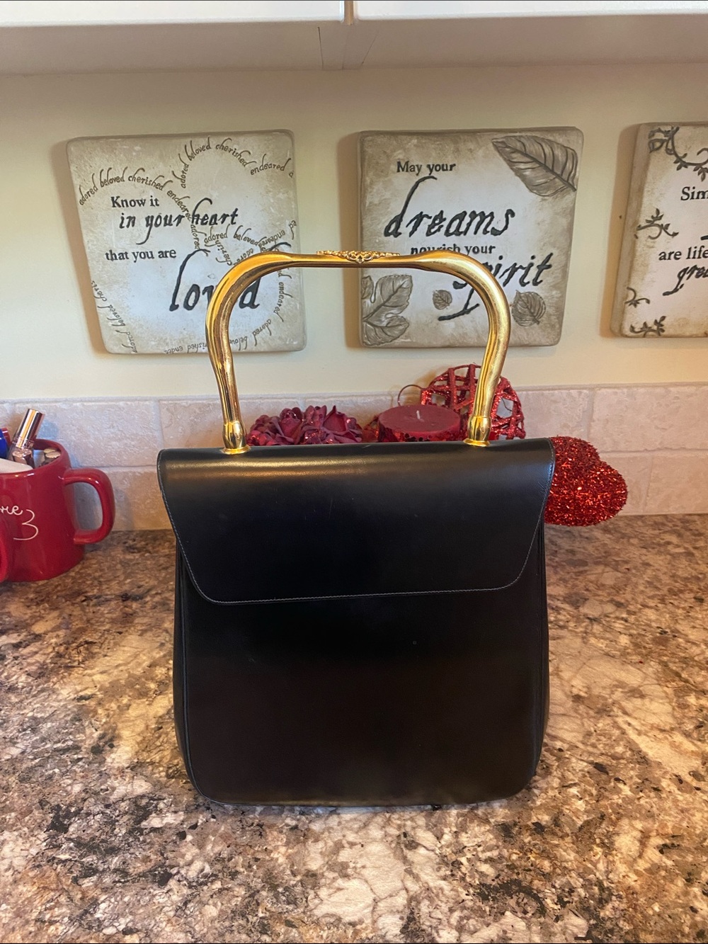 Structured Black Satchel with Gold Top Handle